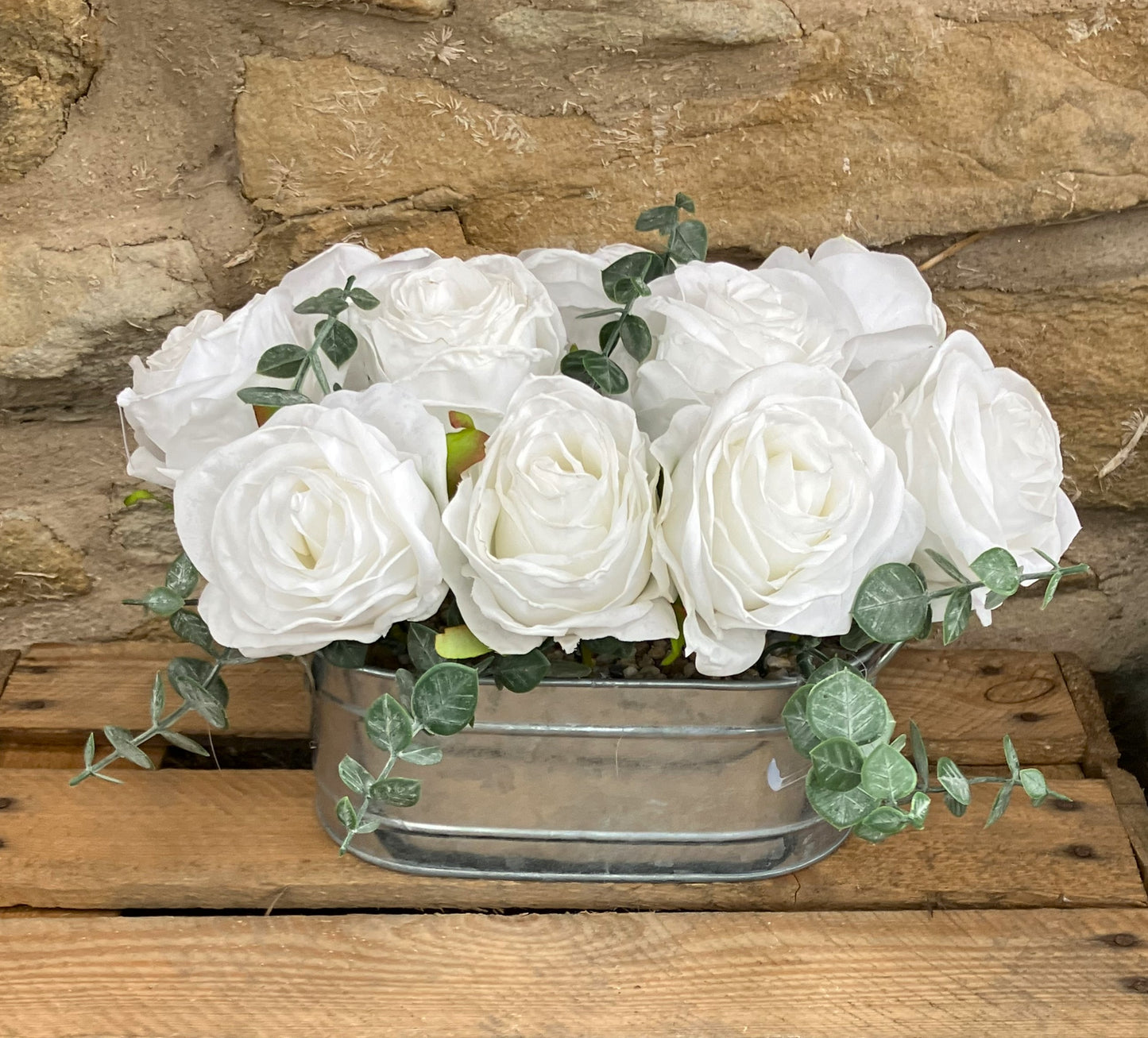 10 White Rose Heads in Galvanised Metal Trough (18cm X 10cm)