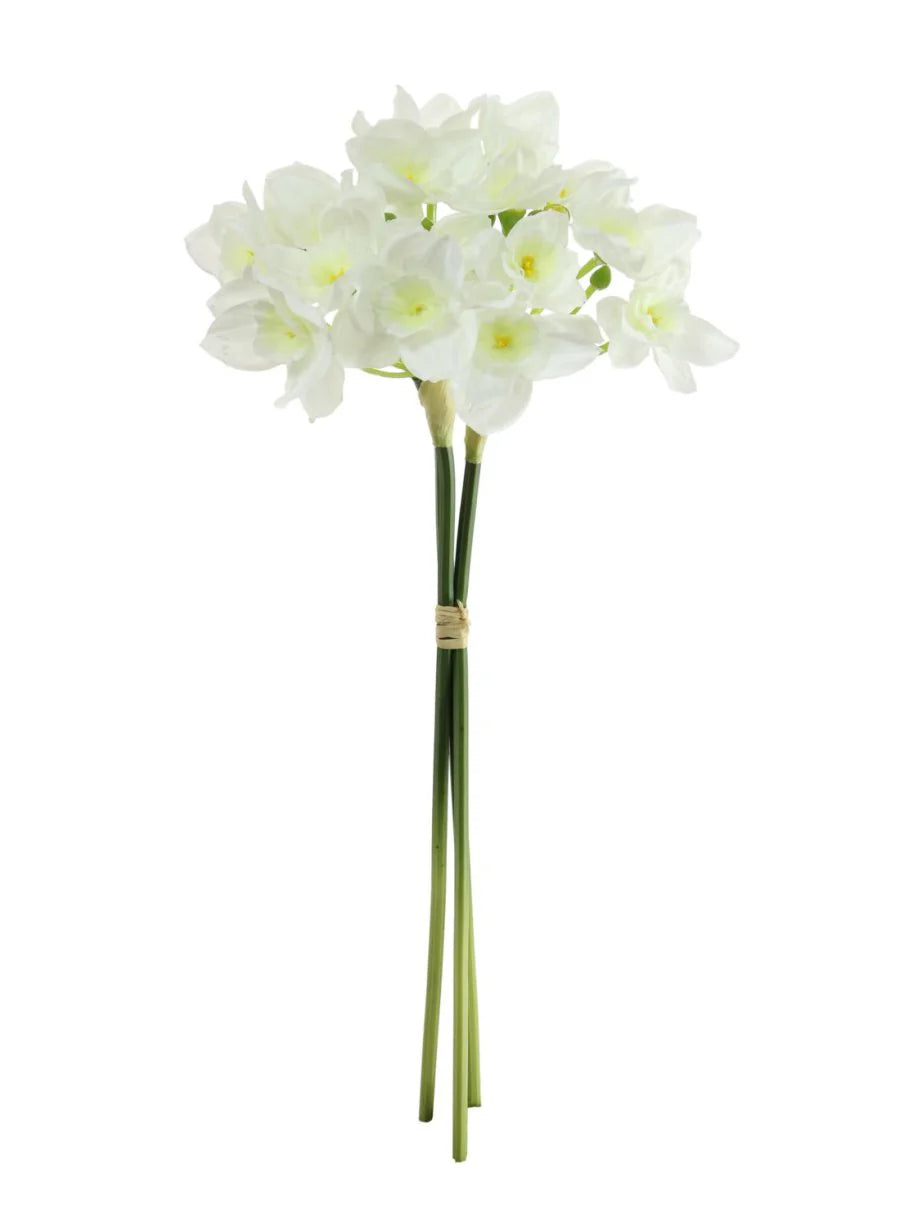 White Narcissus in Charcoal Round Bottom Mesh Clay Pot