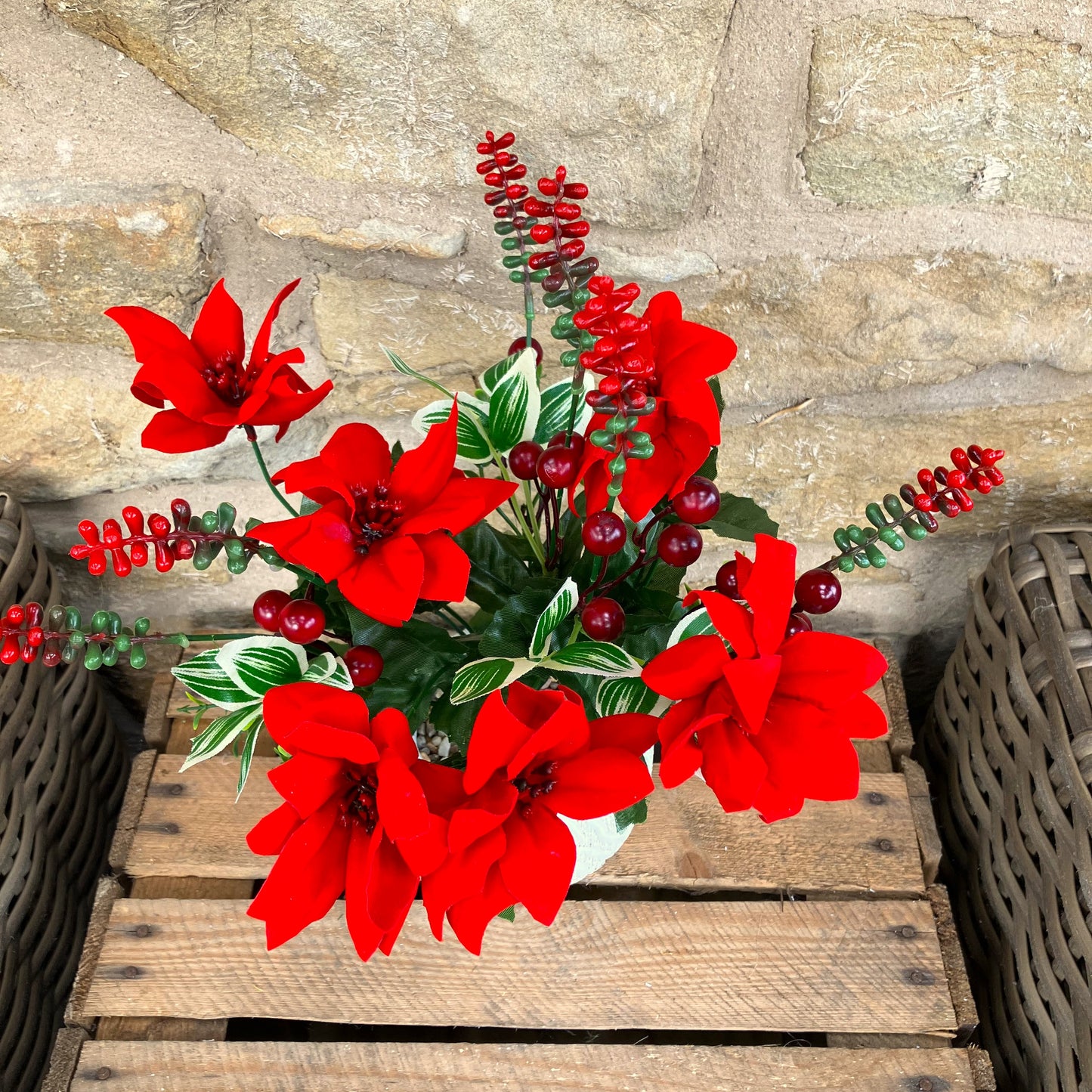 Artificial Red Poinsettia with seasonal berries