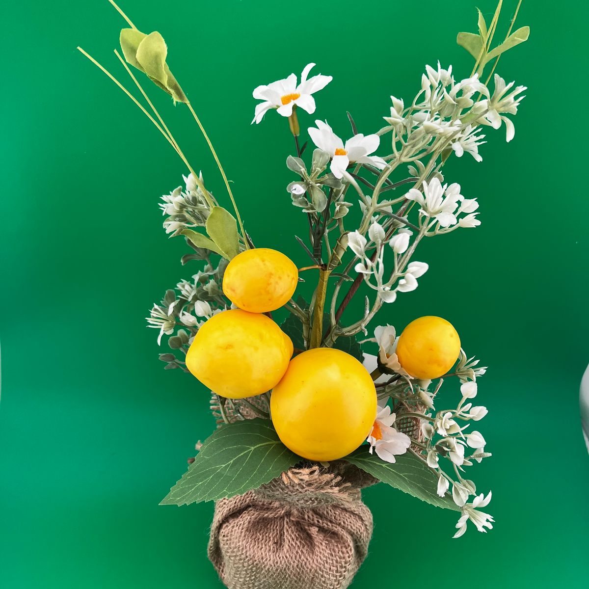Artificial Lemon Arrangement with Blossoms, Hessian Wrap (30cm)