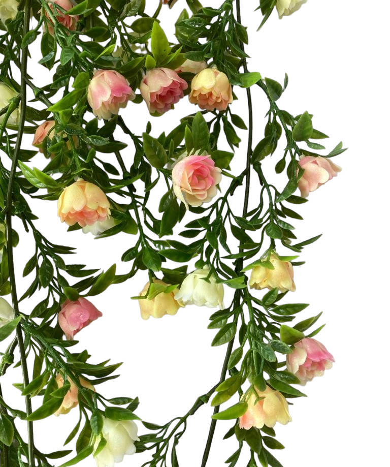 Artificial Rose Hanging Bush - Cream & Pink - 75cm