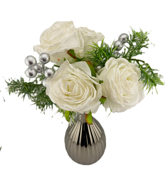 4 White Dried Touch Roses with Trailing Asparagus Bush in Silver Bud Vase