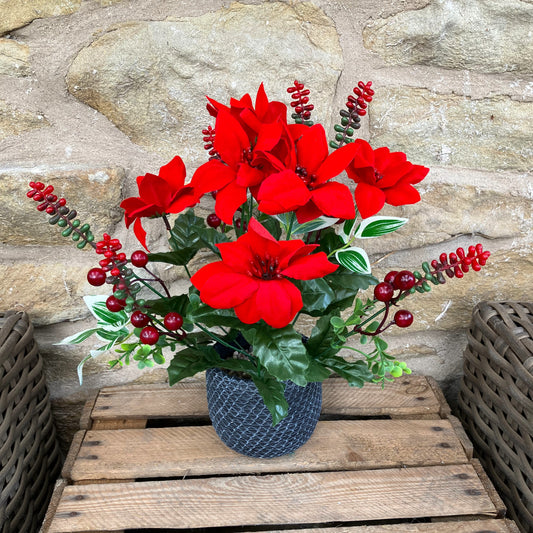 Artificial Red Poinsettia with seasonal berries