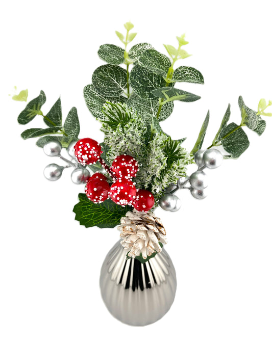 Frosted Eucalyptus with Red and Siver Berries in Silver Bud Vase