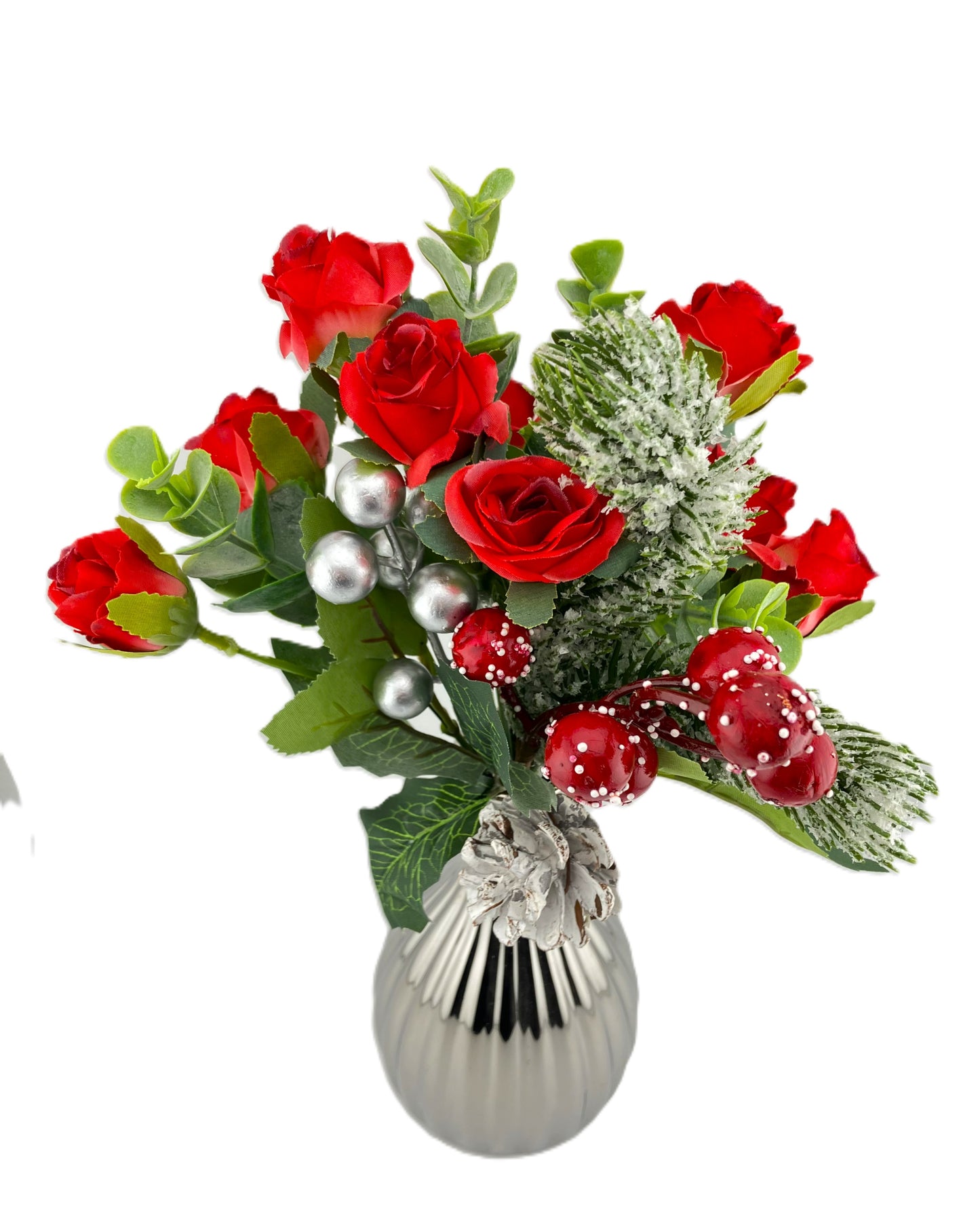 Artificial Red Mini Rose and Eucalyptus Bunch with Red Berries in Silver Bud Vase