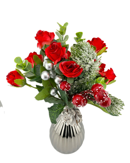 Artificial Red Mini Rose and Eucalyptus Bunch with Red Berries in Silver Bud Vase