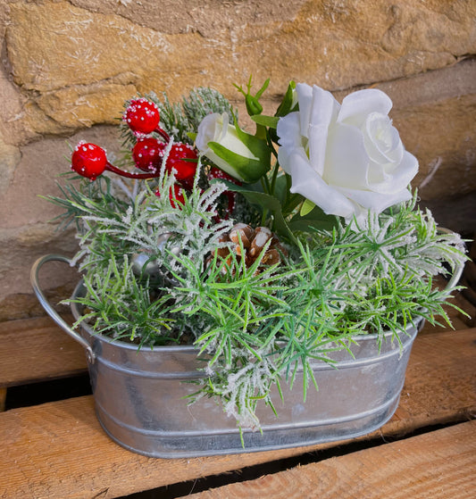 White Silk Rose and Rose Bud Frosted Trailing Asparagus Red and Silver Berries in Galvanised Oval Planter -