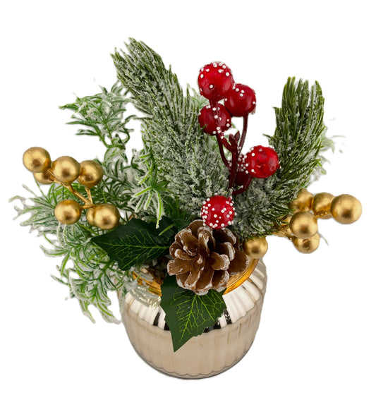 Frosted Asparagus with Red and Gold Berries, Holly and Frosted Pine Cone in Gold Metallic Ribbed Jar