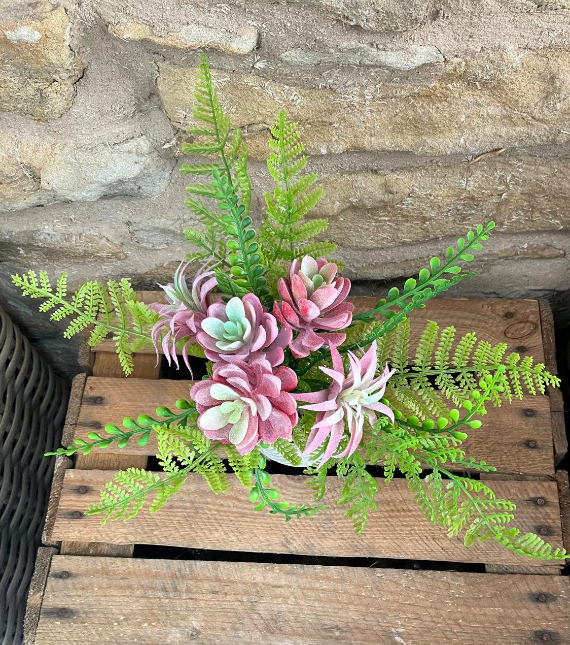 Artificial Fern & Succulent Pink and Green in Fern Pot