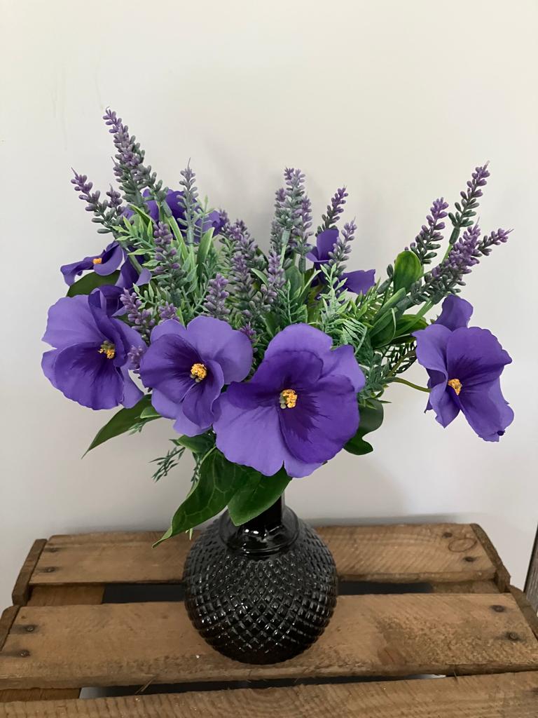 Artificial Pansy &amp; Lavender Bunch in Monochrome Ball Vase