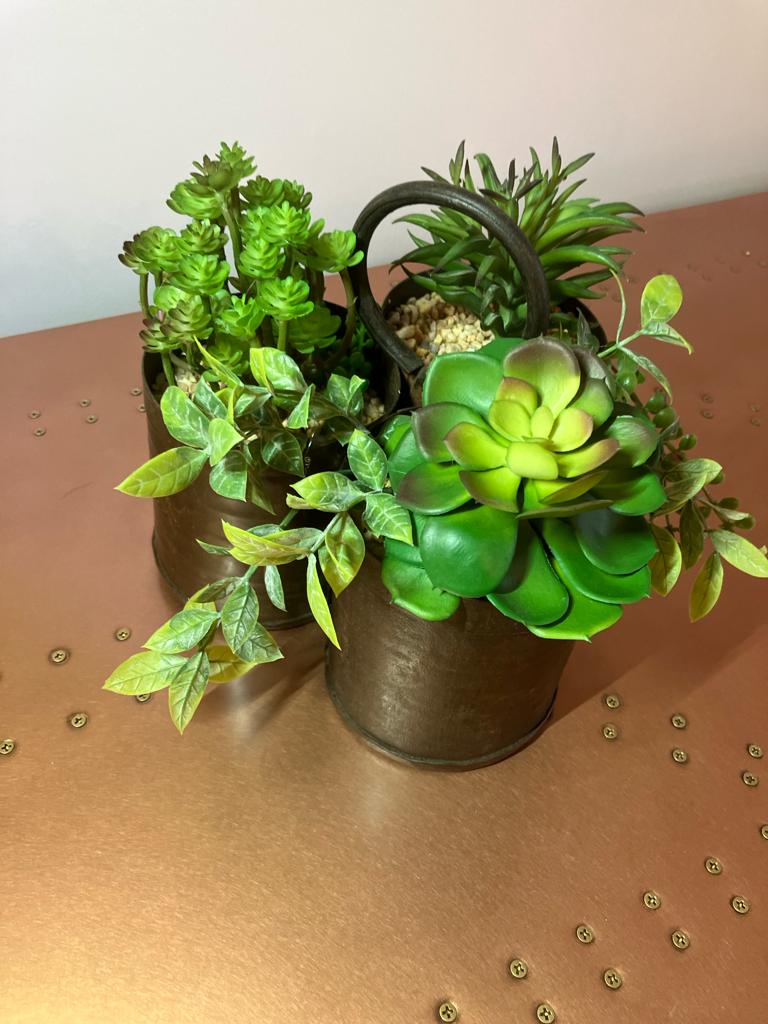 Artificial Succulents in Trio Metal Pot - Natural Green