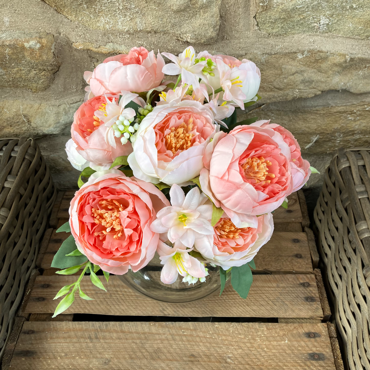 Artificial Eva Peony Arrangement In Glass Bowl