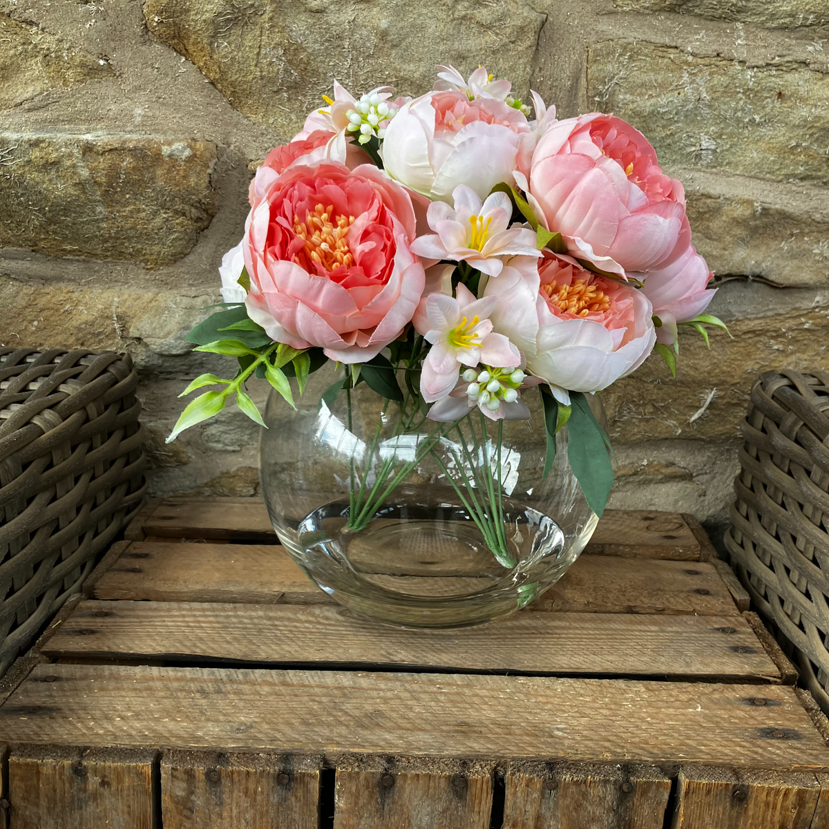 Artificial Eva Peony Arrangement In Glass Bowl
