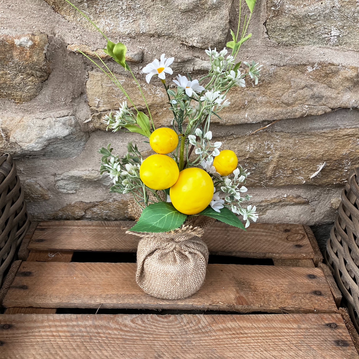 Artificial Lemon Arrangement with Blossoms, Hessian Wrap (30cm)