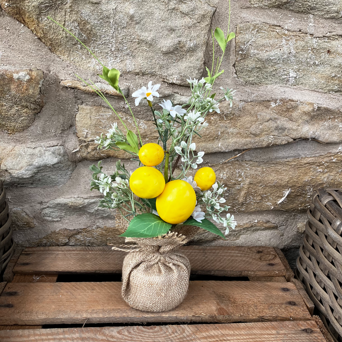 Artificial Lemon Arrangement with Blossoms, Hessian Wrap (30cm)