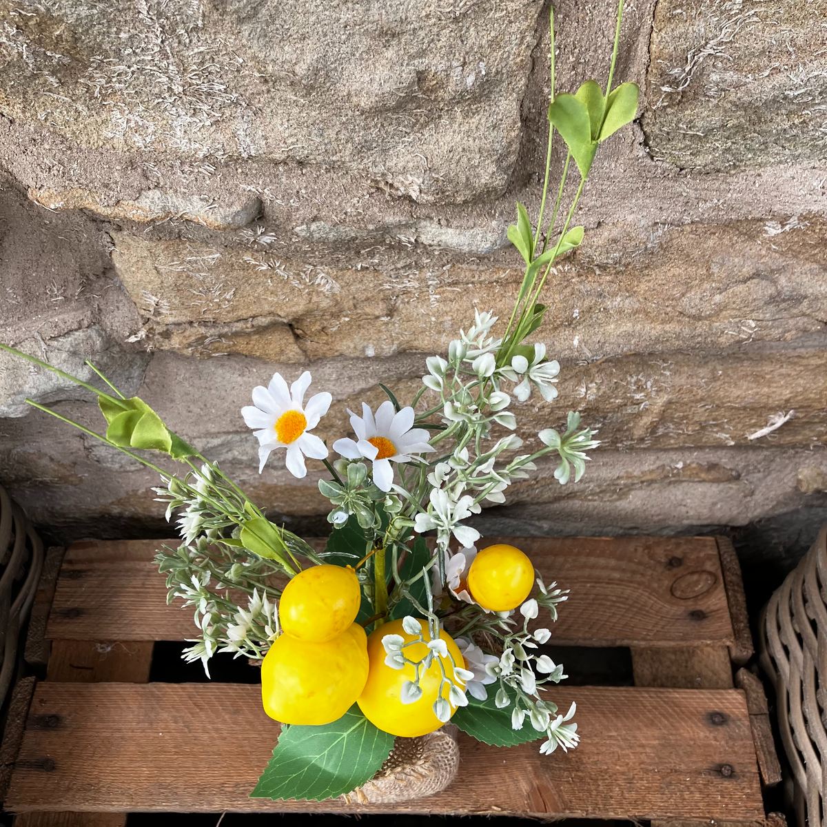 Artificial Lemon Arrangement with Blossoms, Hessian Wrap (30cm)