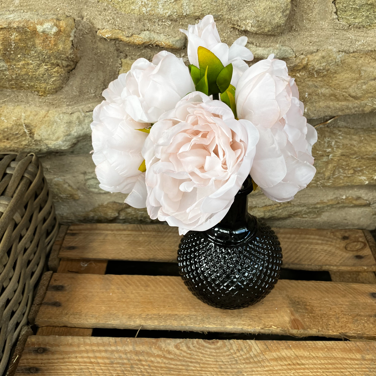 Artificial Peony in a Monochrome Glass Ball Vase