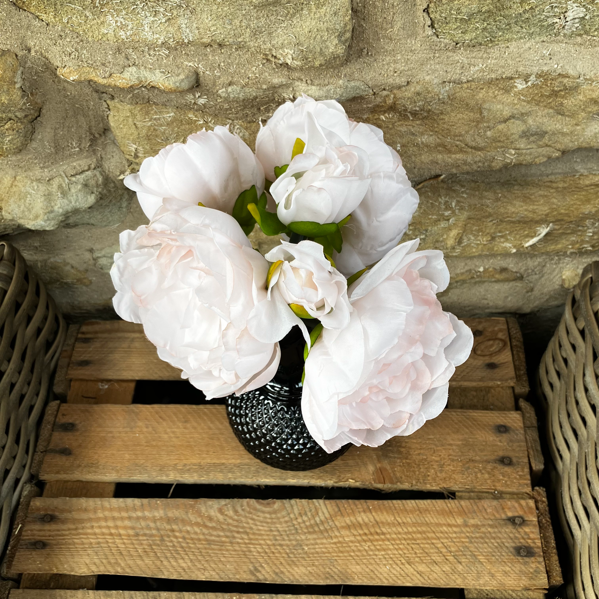 Artificial Peony in a Monochrome Glass Ball Vase
