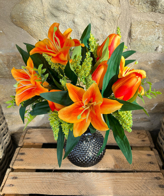 Orange Tiger Lily and Tulip Bunch in a Vase