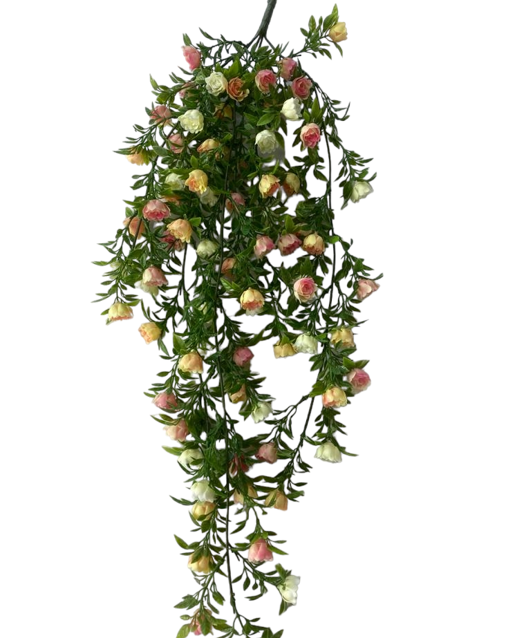 Artificial Rose Hanging Bush - Cream &amp; Pink - 75cm