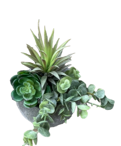 Decorative Round Grey Planter with Artificial Succulents