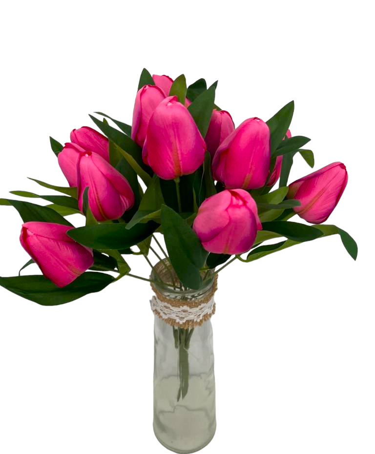 Artificial Silk 12 Head Tulip Bunch - Hot Pink