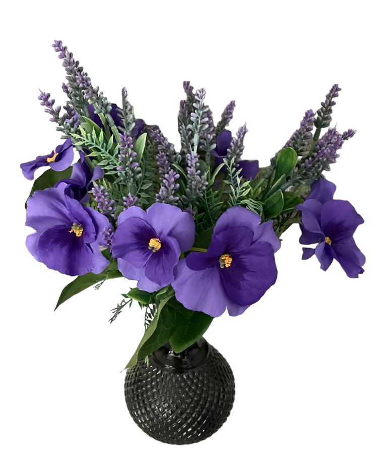 Artificial Pansy &amp; Lavender Bunch in Monochrome Ball Vase