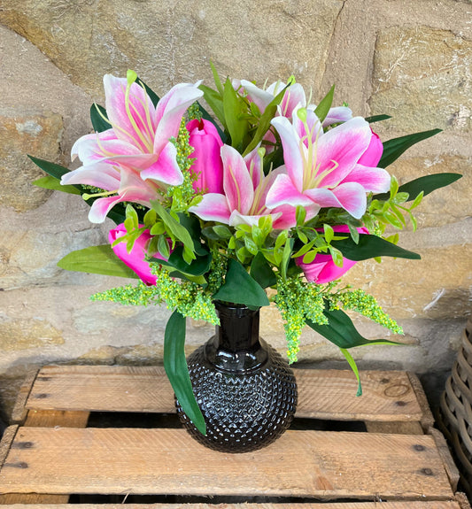 Pink Tiger Lily and Tulip Bunch in a Vase