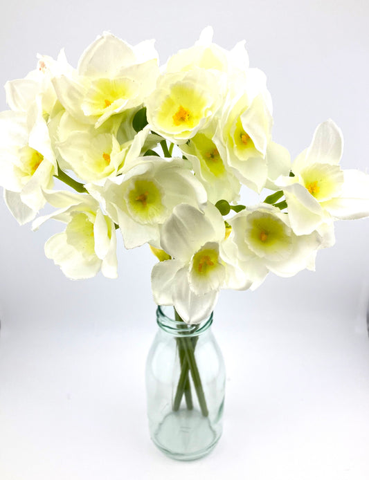 Silk Narcissus in 250ml clear Milk Bottle Vase - White