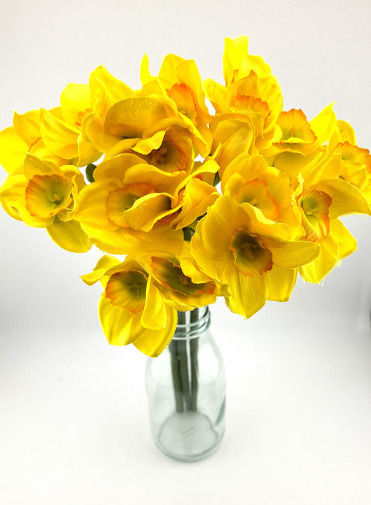 Silk Narcissus in 250ml clear Milk Bottle Vase - Yellow