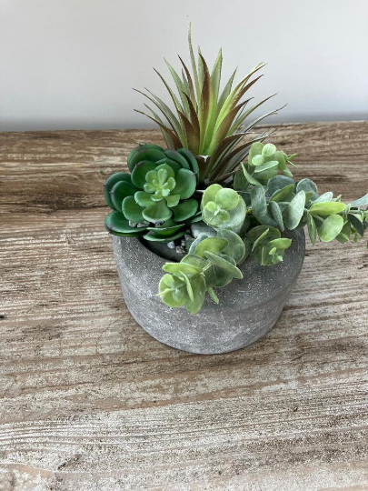 Decorative Round Grey Planter with Artificial Succulents
